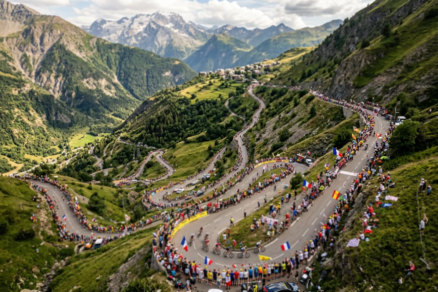Vista aérea de las curvas del Alpe d'Huez con aficionados en las cunetas durante etapa del Tour