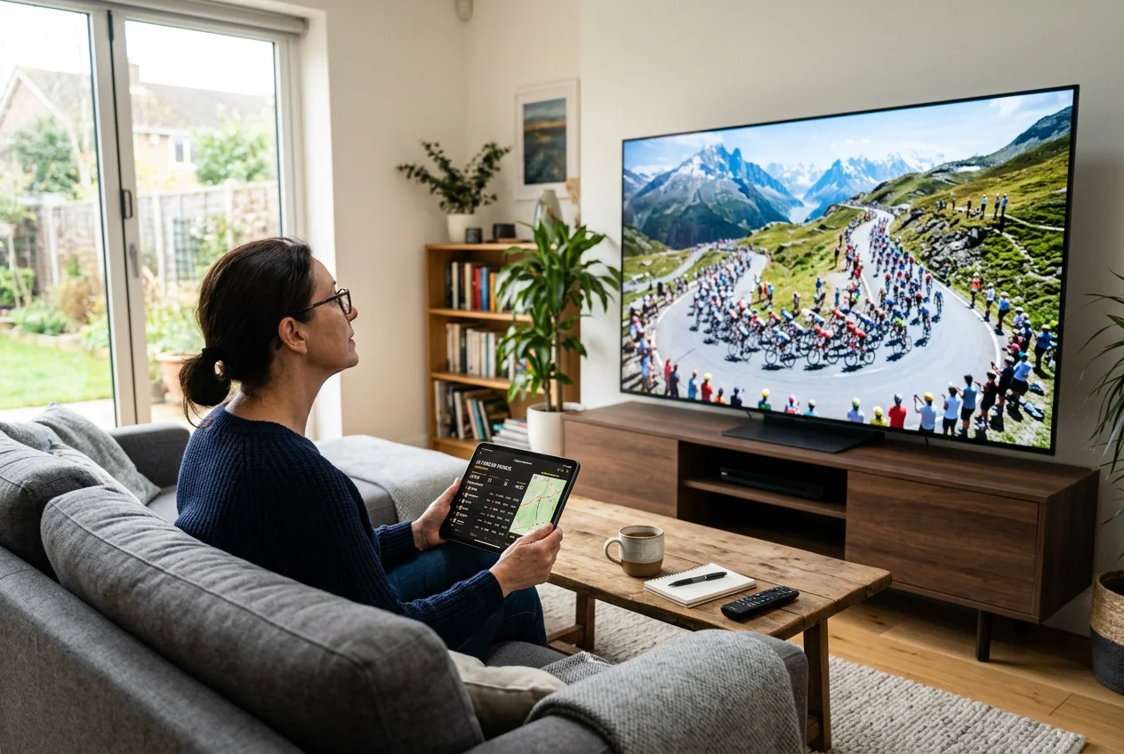 Persona viendo carrera de ciclismo en directo en televisión con tablet en mano