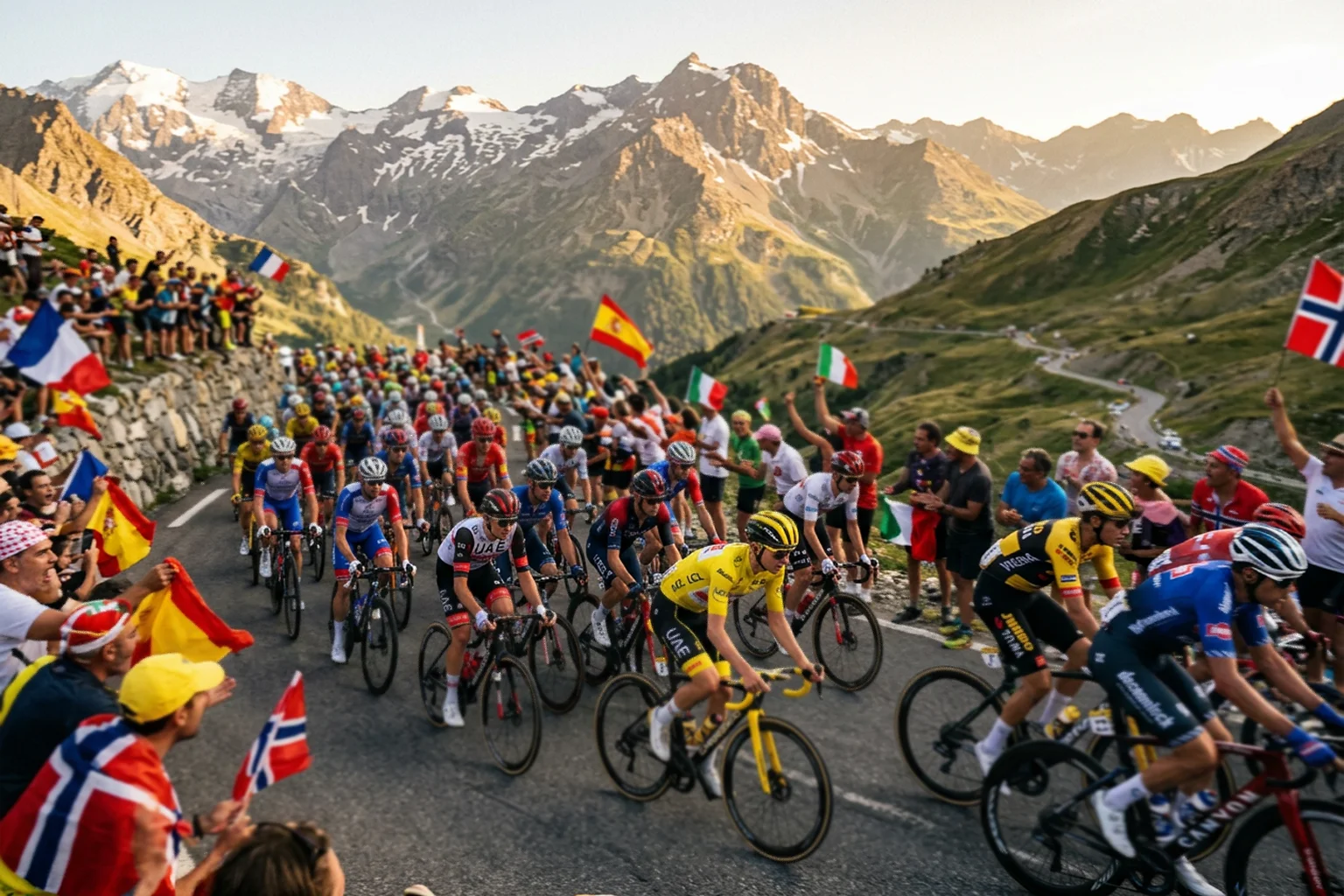 Pelotón de ciclistas profesionales en carrera de montaña con público animando