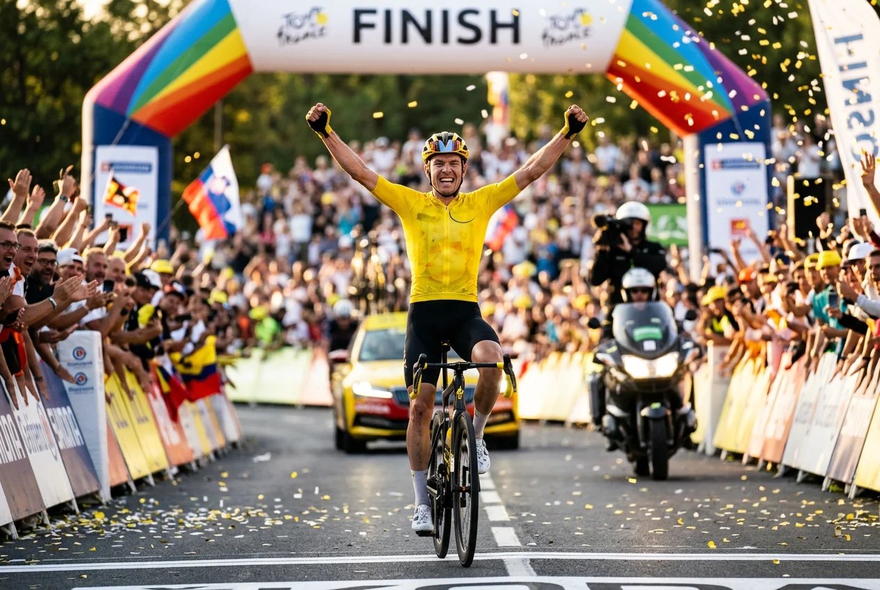 Ciclista con maillot amarillo cruzando meta en solitario con brazos levantados