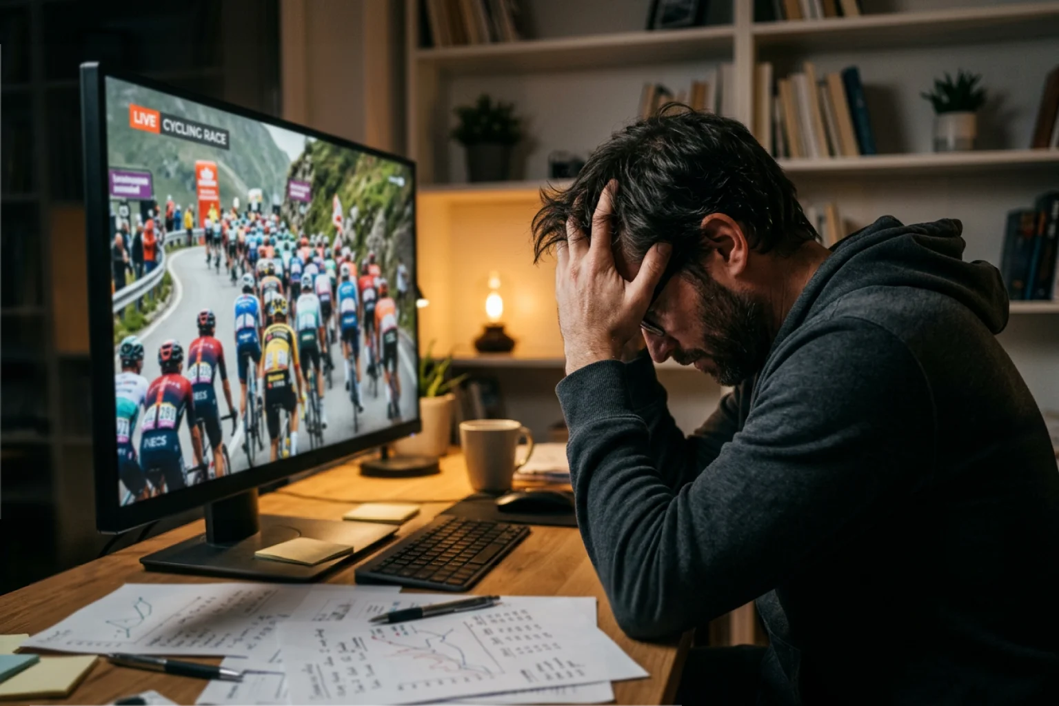 Persona con expresión frustrada frente a pantalla mostrando carrera de ciclismo