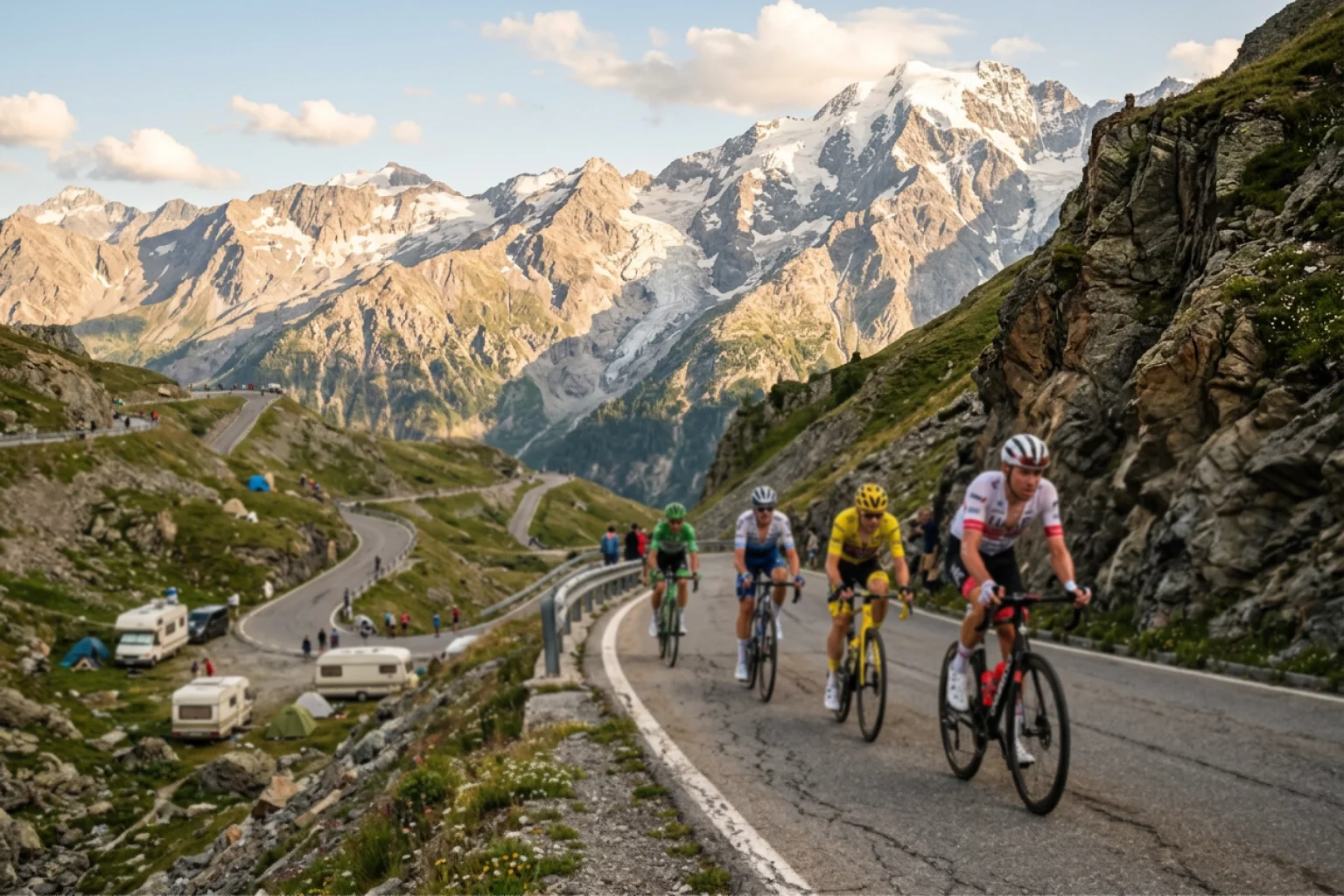 Ciclistas ascendiendo puerto alpino con paisaje de montañas nevadas al fondo