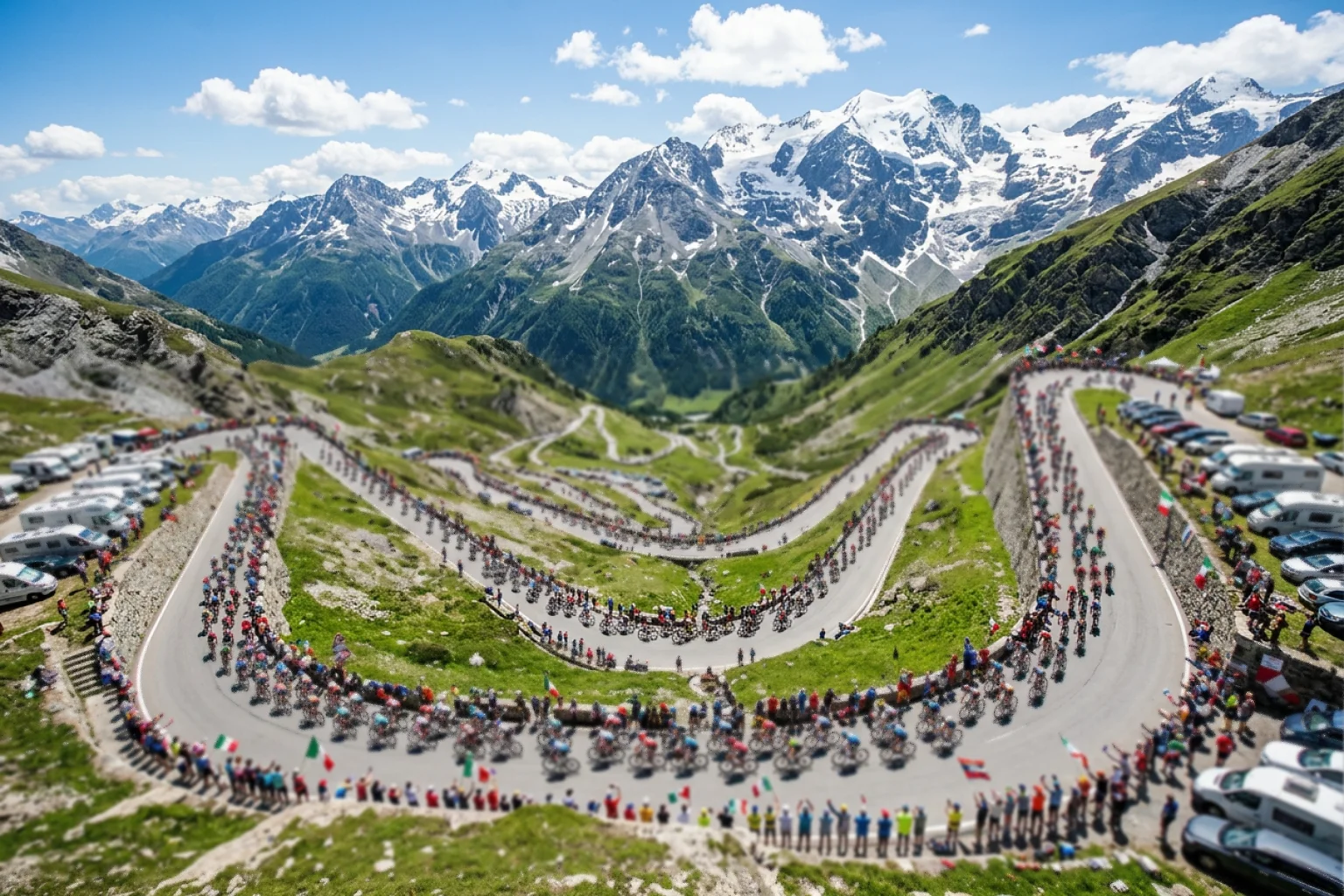 Vista aérea de ciclistas ascendiendo un puerto de montaña con carretera serpenteante