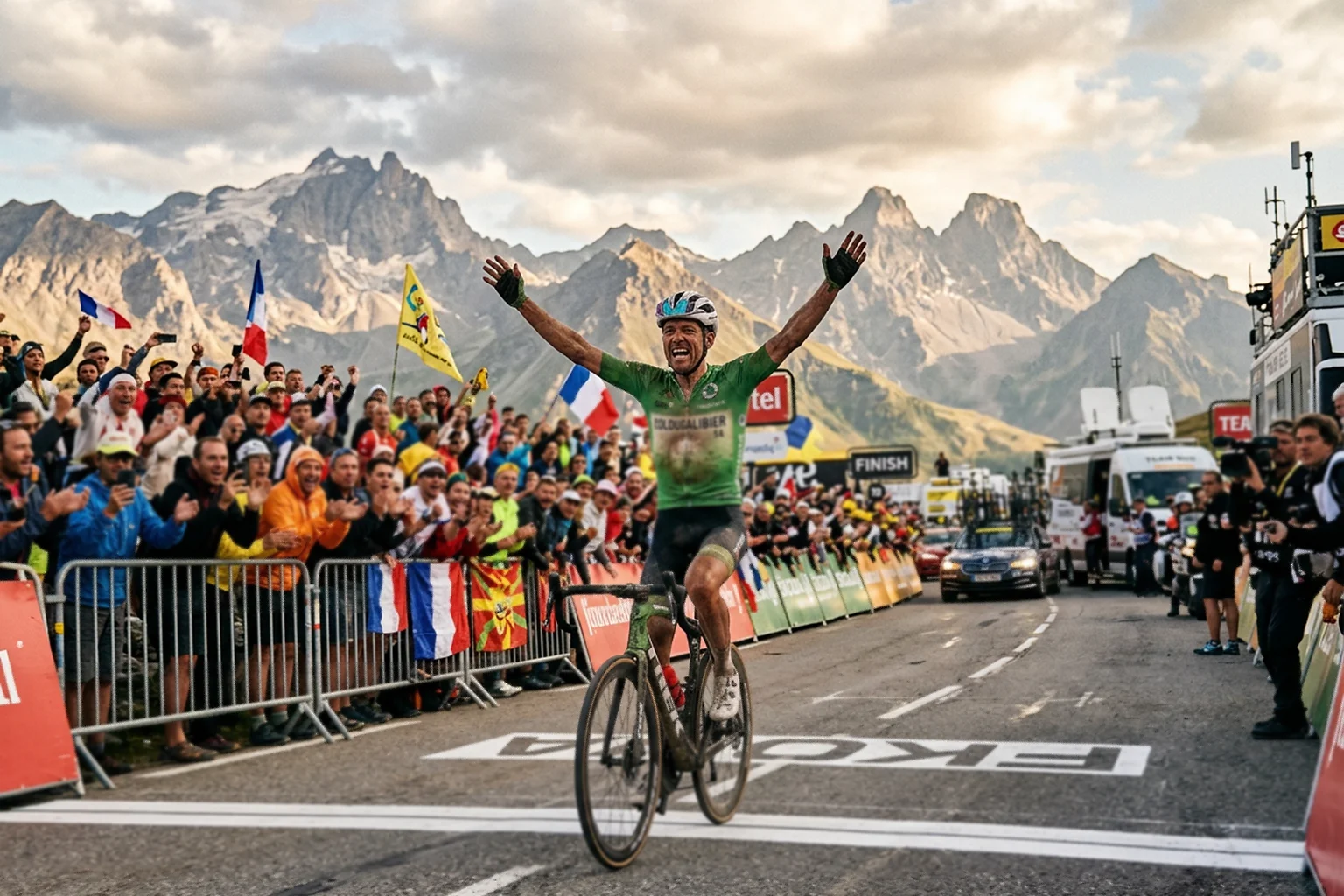Ciclista solitario cruzando línea de meta en cima de puerto de montaña con público celebrando