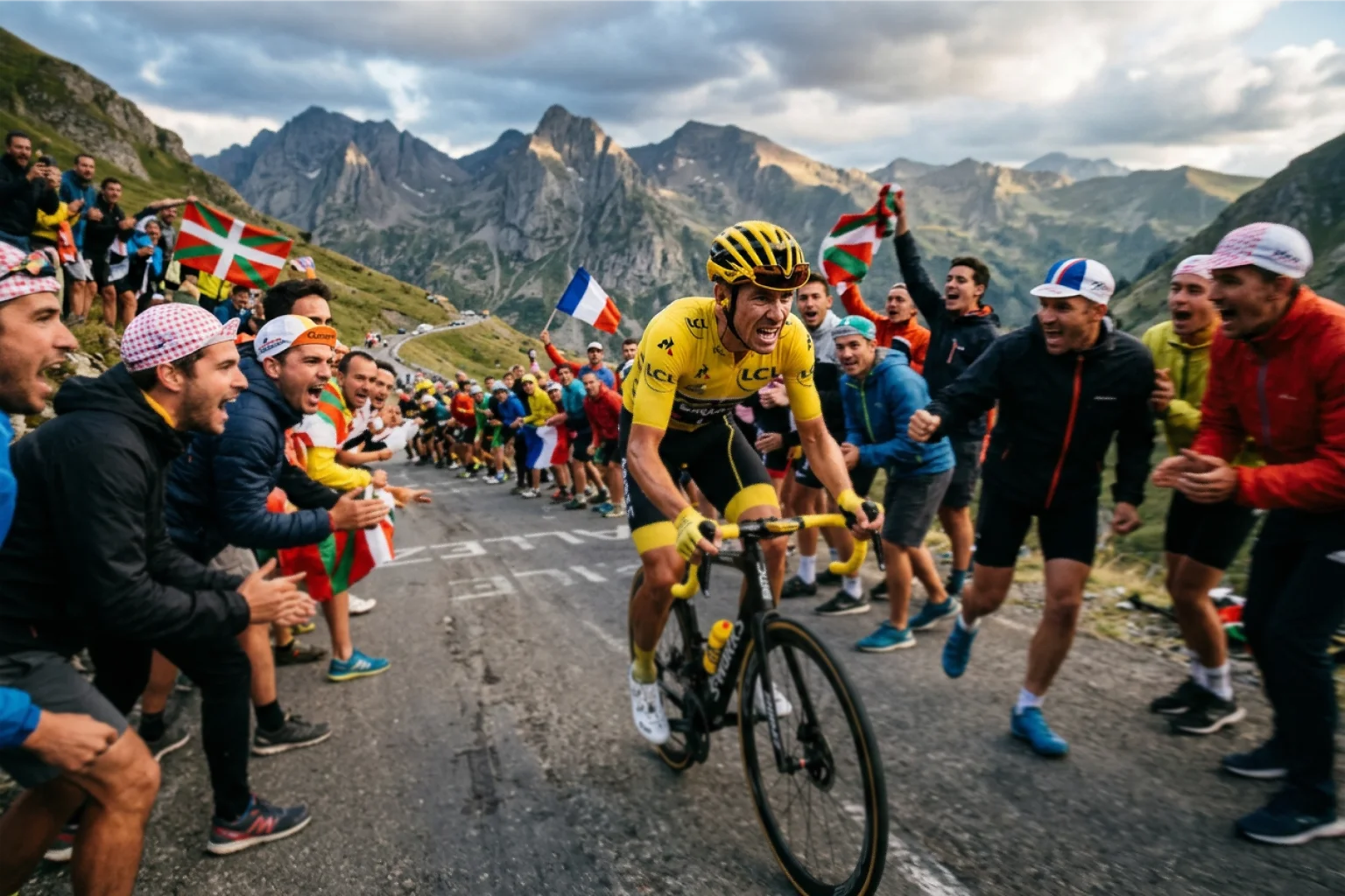 Ciclista líder con maillot amarillo ascendiendo puerto de montaña rodeado de aficionados