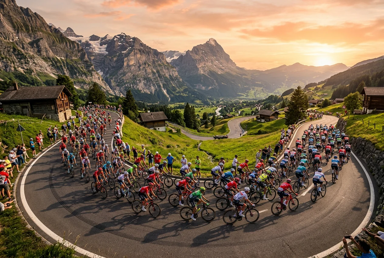 Pelotón de ciclismo profesional atravesando una carretera de montaña europea al atardecer