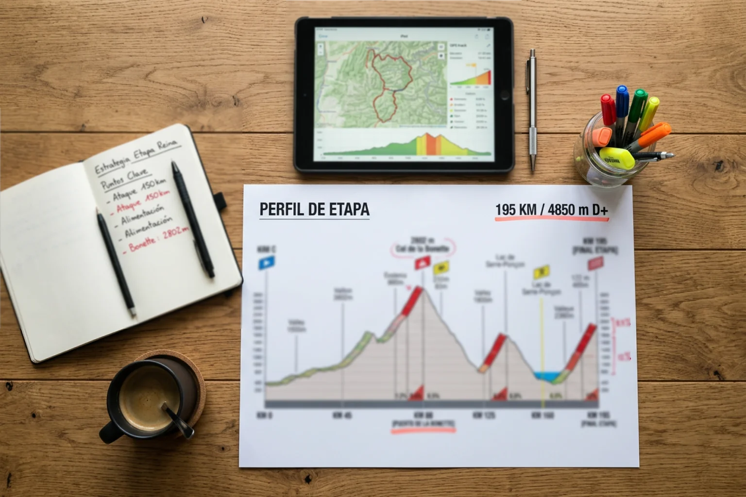 Mapa de perfil de etapa de montaña con altimetría detallada sobre mesa de trabajo