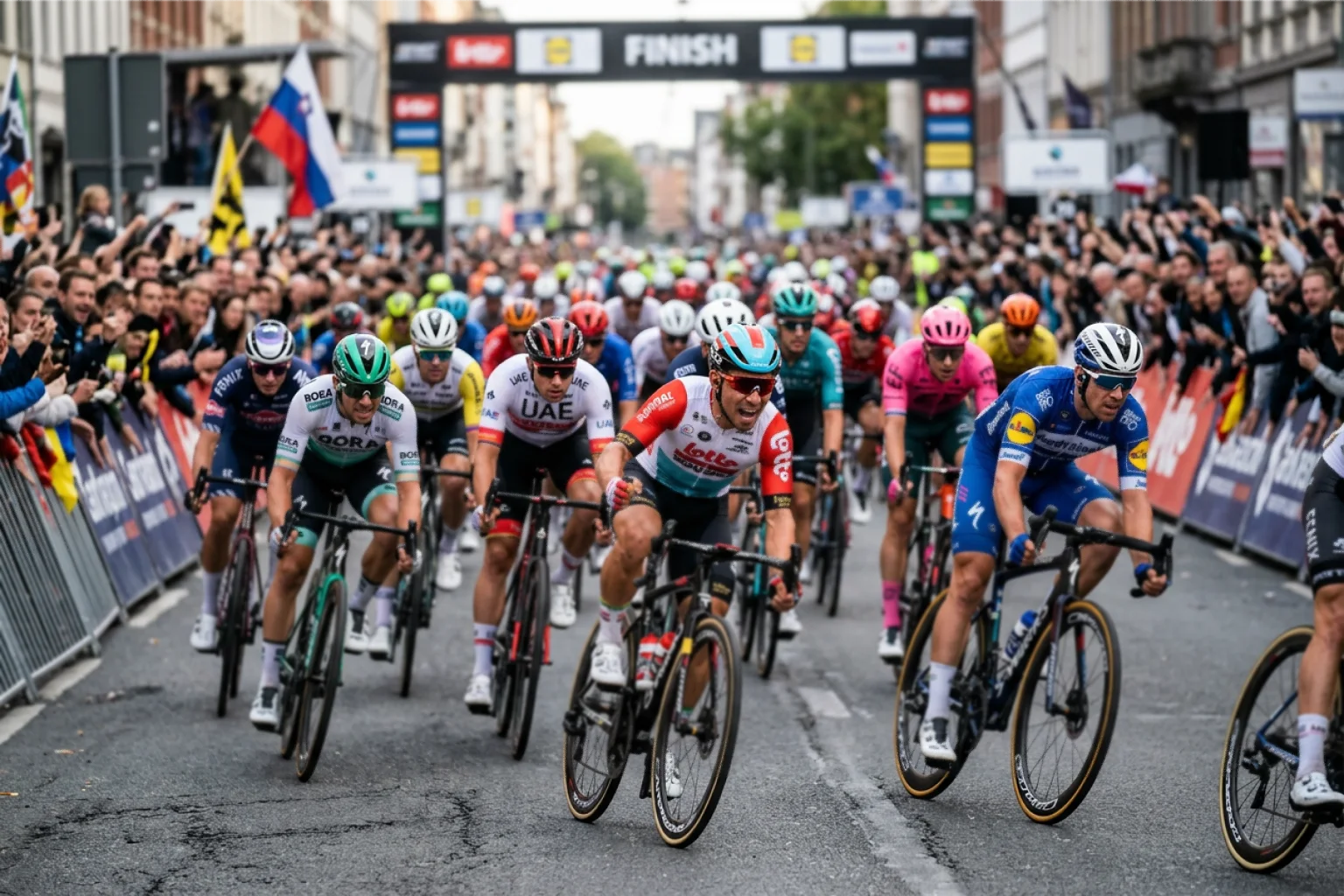 Sprint masivo de ciclistas llegando a meta en etapa llana del Tour de Francia