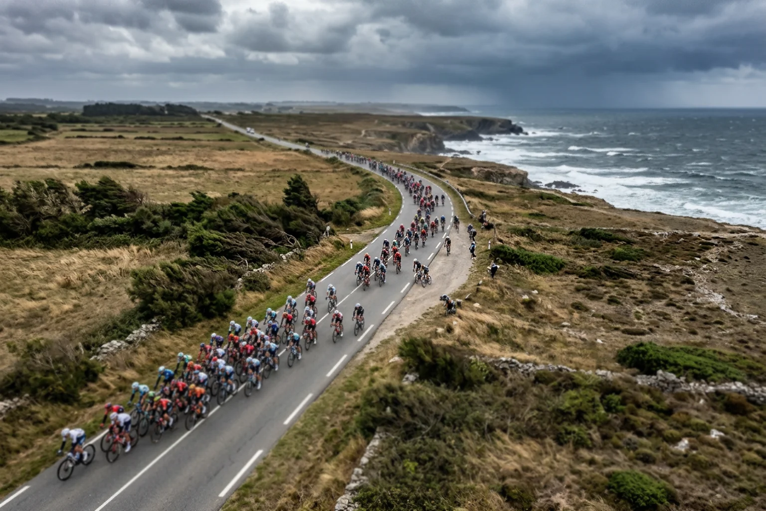 Pelotón de ciclistas formando abanicos en carretera llana con viento lateral fuerte
