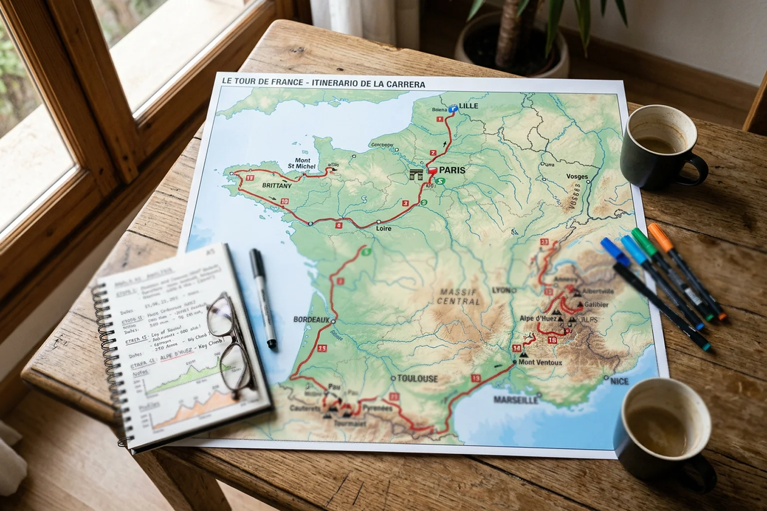 Mapa del recorrido del Tour de Francia extendido sobre mesa con notas y bolígrafo