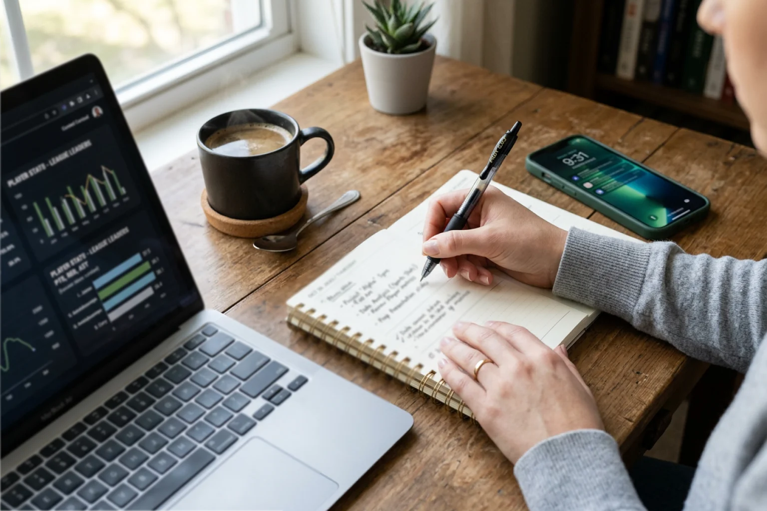Manos escribiendo un registro organizado de seguimiento en un cuaderno