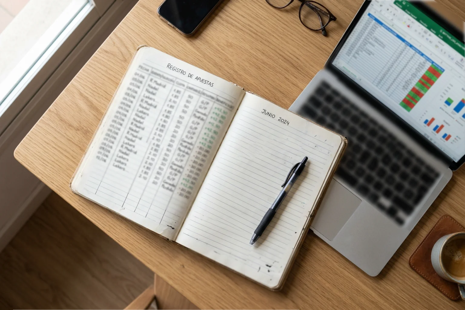 Cuaderno con registro de apuestas ordenado junto a portátil con hoja de cálculo