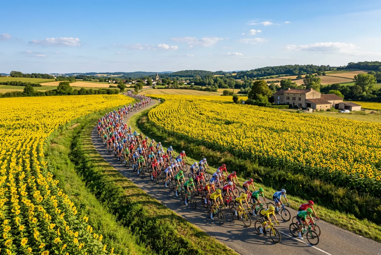 Pelotón del Tour de Francia atravesando campos de girasoles en Francia