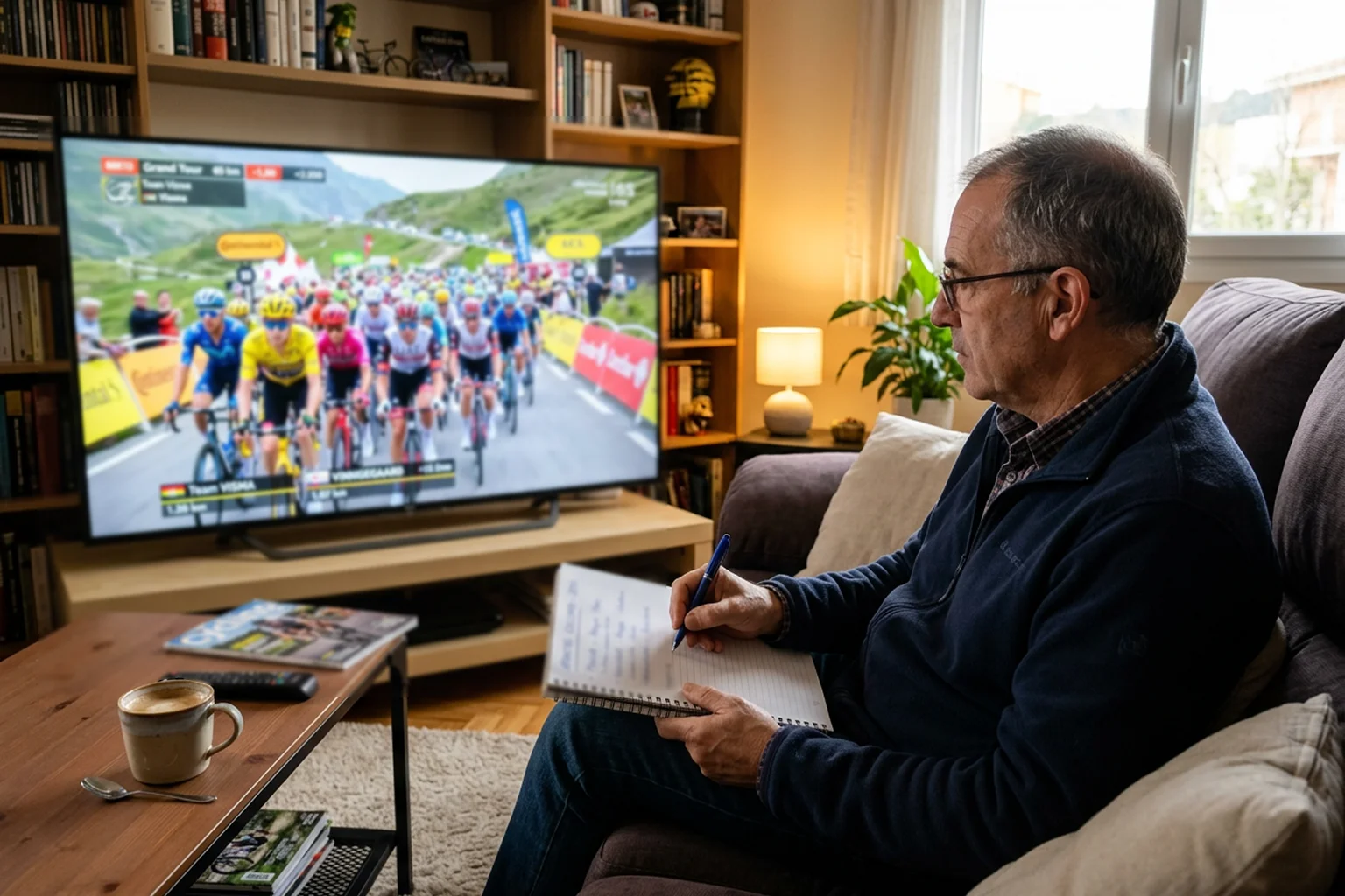 Persona viendo retransmisión de carrera ciclista en televisión mientras toma notas